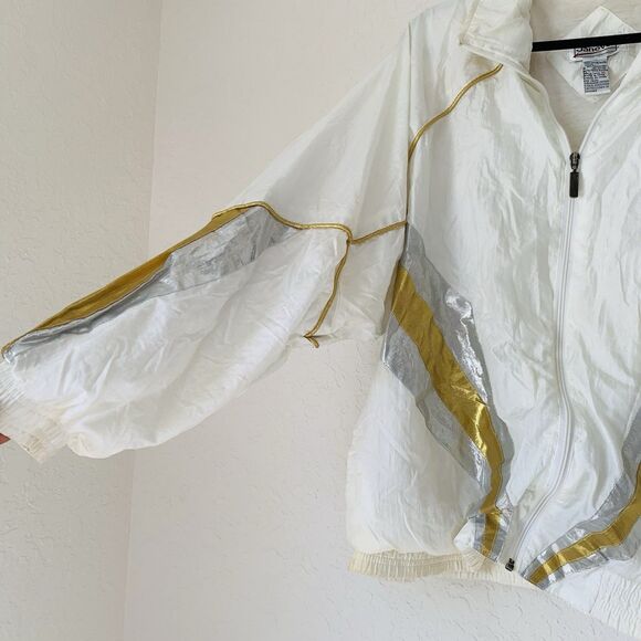 Vintage 90s Jacket Janeve Adult XL White Gold Track Full Zip Windbreaker Nylon - Picture 3 of 7